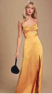 Lulus Renata Golden Yellow Print Satin Maxi Dress, Size Medium