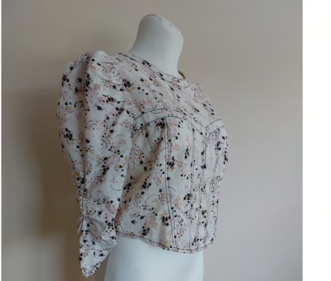 Free People Corset Style Puff Sleeve Floral Open Back Top, Beige, Size Large