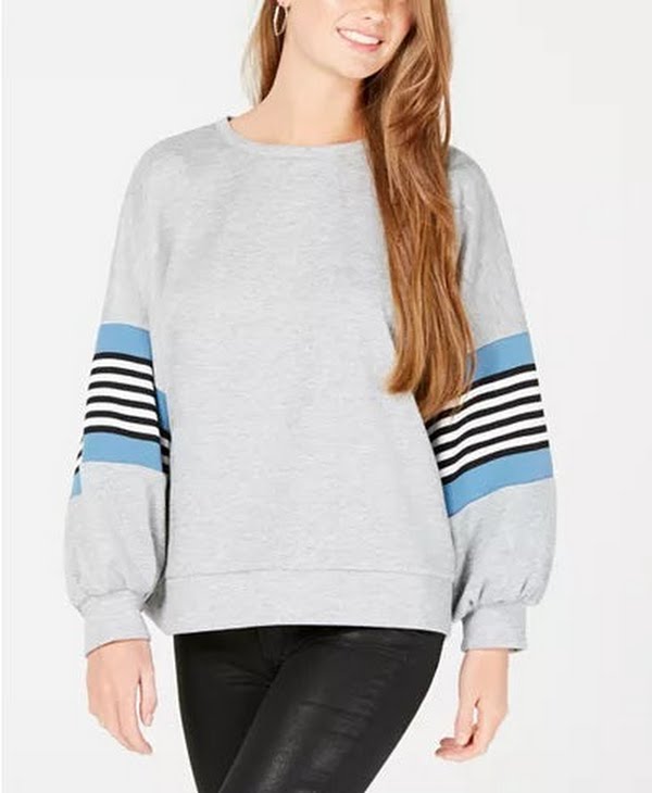 Say What? Juniors Striped Balloon-Sleeve Sweatshirt, Size XL
