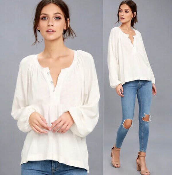 Free People We the Free White Acadia Henley Top, Size Medium