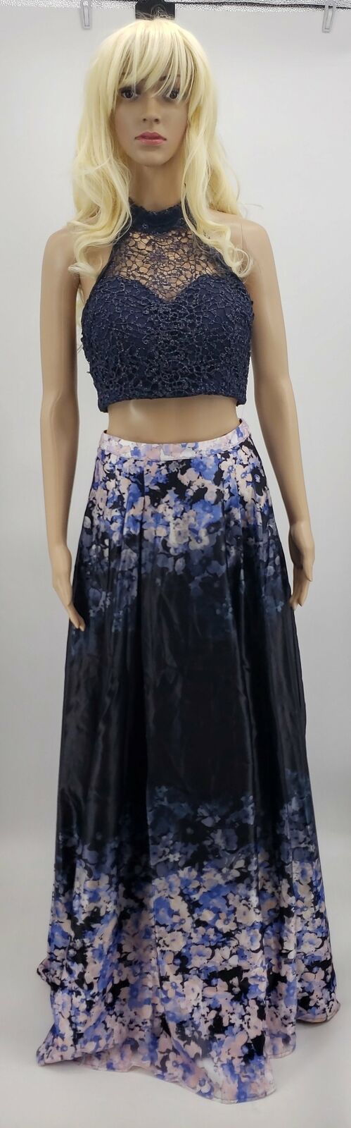 City Studios  2-Pc. Glitter Lace Top and Floral Skirt Navy, Juniors Size 7