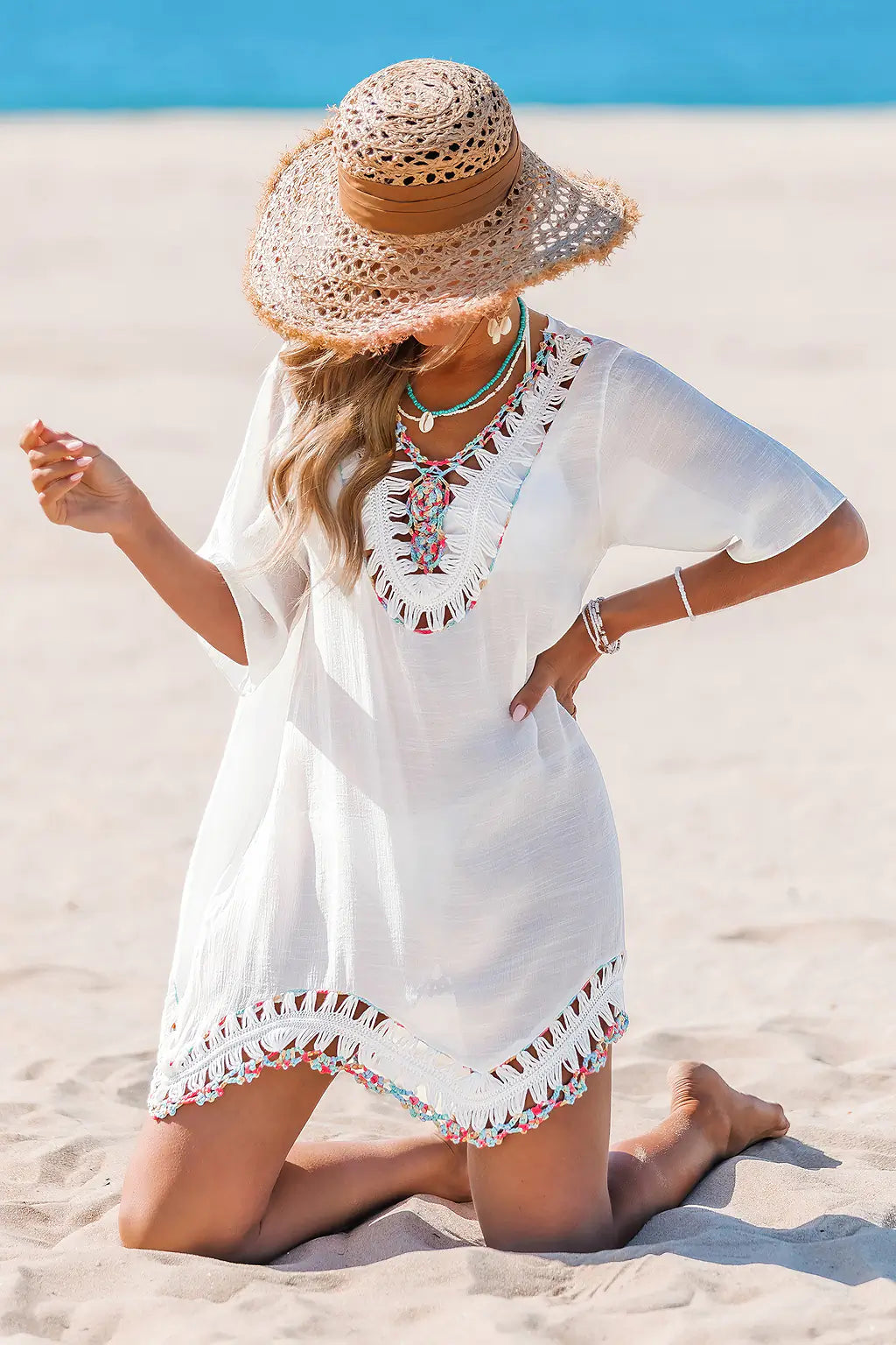 CUPSHE Vibrant Thread White Cover-up Mini Dress,Medium