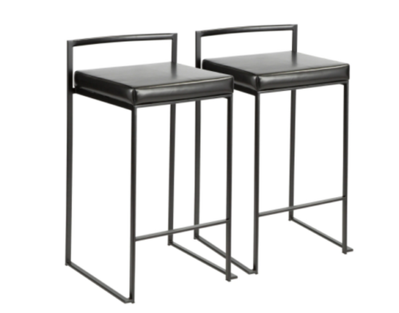 LumiSource Fuji Counter Stool Set of 2, Black Faux Leather Cushion, Black Frame