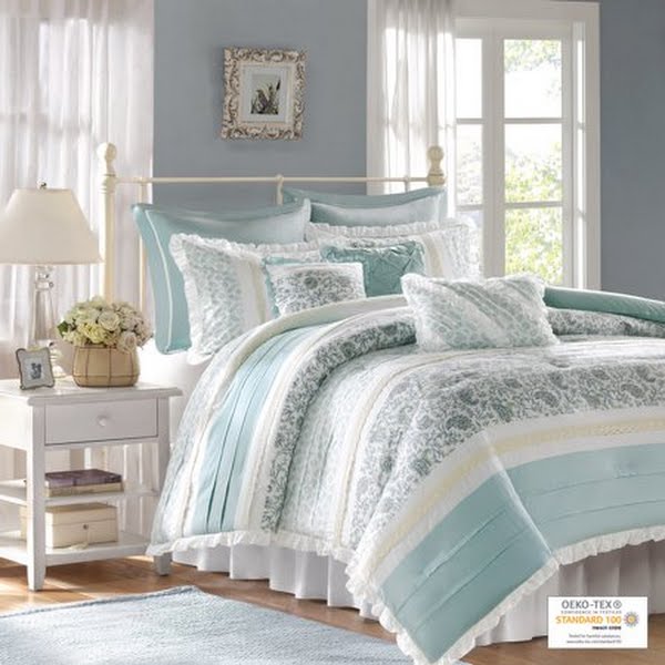 Madison Park Vanessa Comforter Set Cotton Percale Queen Size in Aqua (9-Piece)