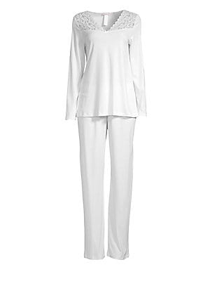 Hanro Womens Moments Long Sleeve Pajama Set in White, Size Small