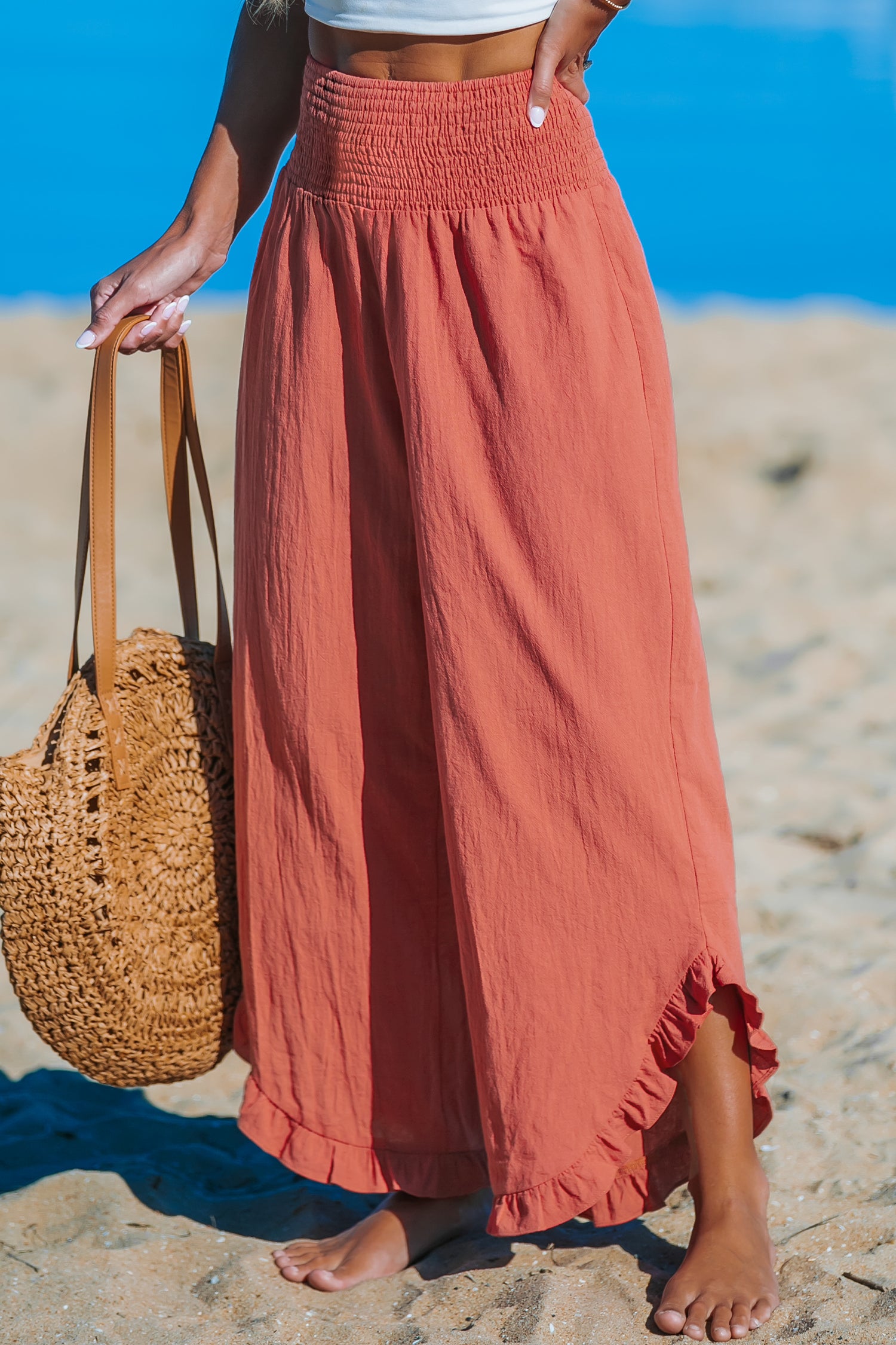 Cupshe Womens Red Smocked Waist Straight Leg Pants