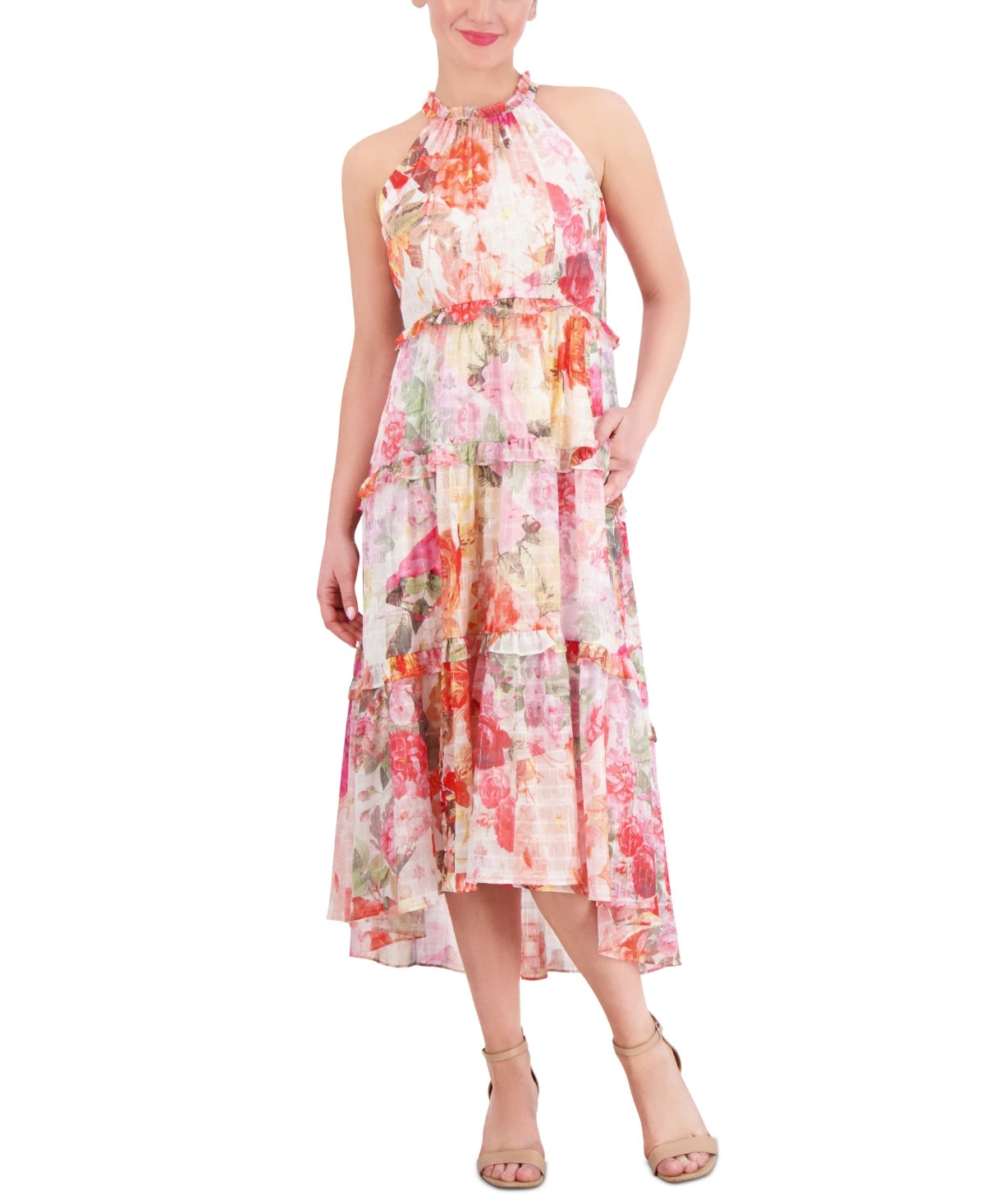Vince Camuto Womens Printed Chiffon Ruffle-Tier High-Low Dress