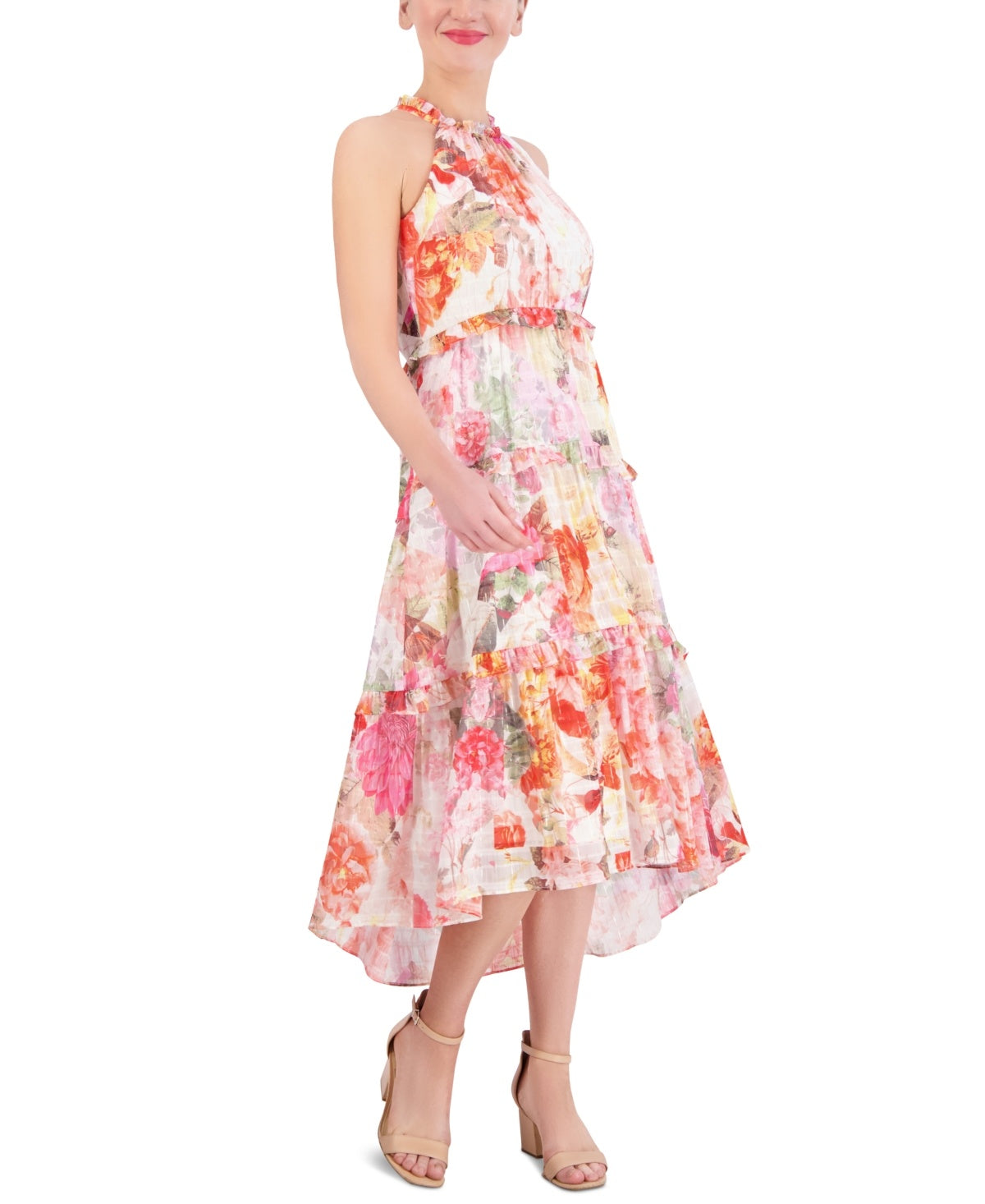 Vince Camuto Womens Printed Chiffon Ruffle-Tier High-Low Dress