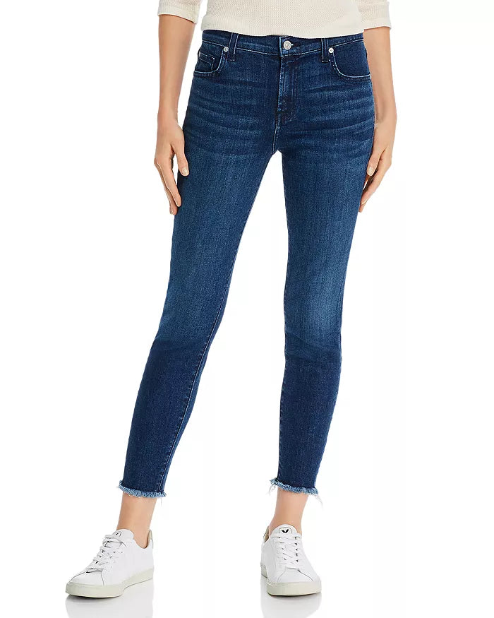 7 For All Mankind Ankle Skinny with Frayed Hem in Dark Indigo, Size 27