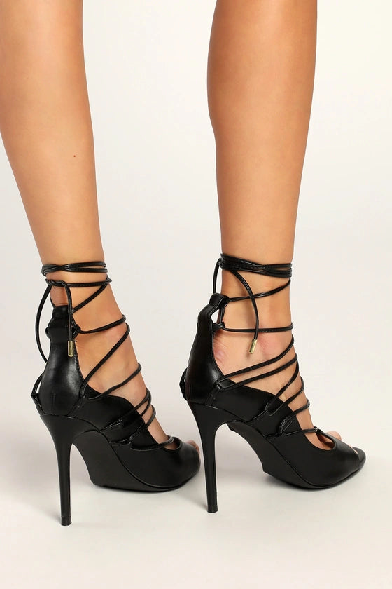 Lulus Sayela Black Lace-Up High Heels, Size 8.5