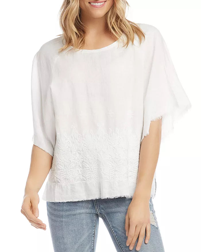 Karen Kane Linen Embroidered Fringe-Sleeve Top, Size Small