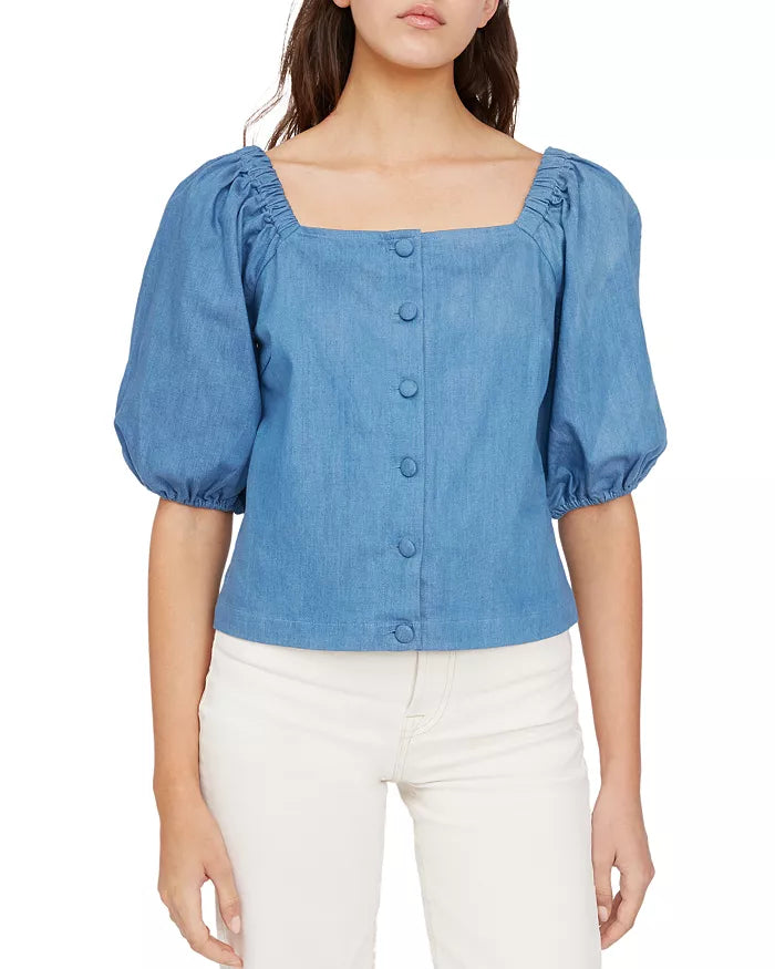 Lucy Paris Womens Denim Off-the-Shoulder Button-Down Top, Blue, Size Small