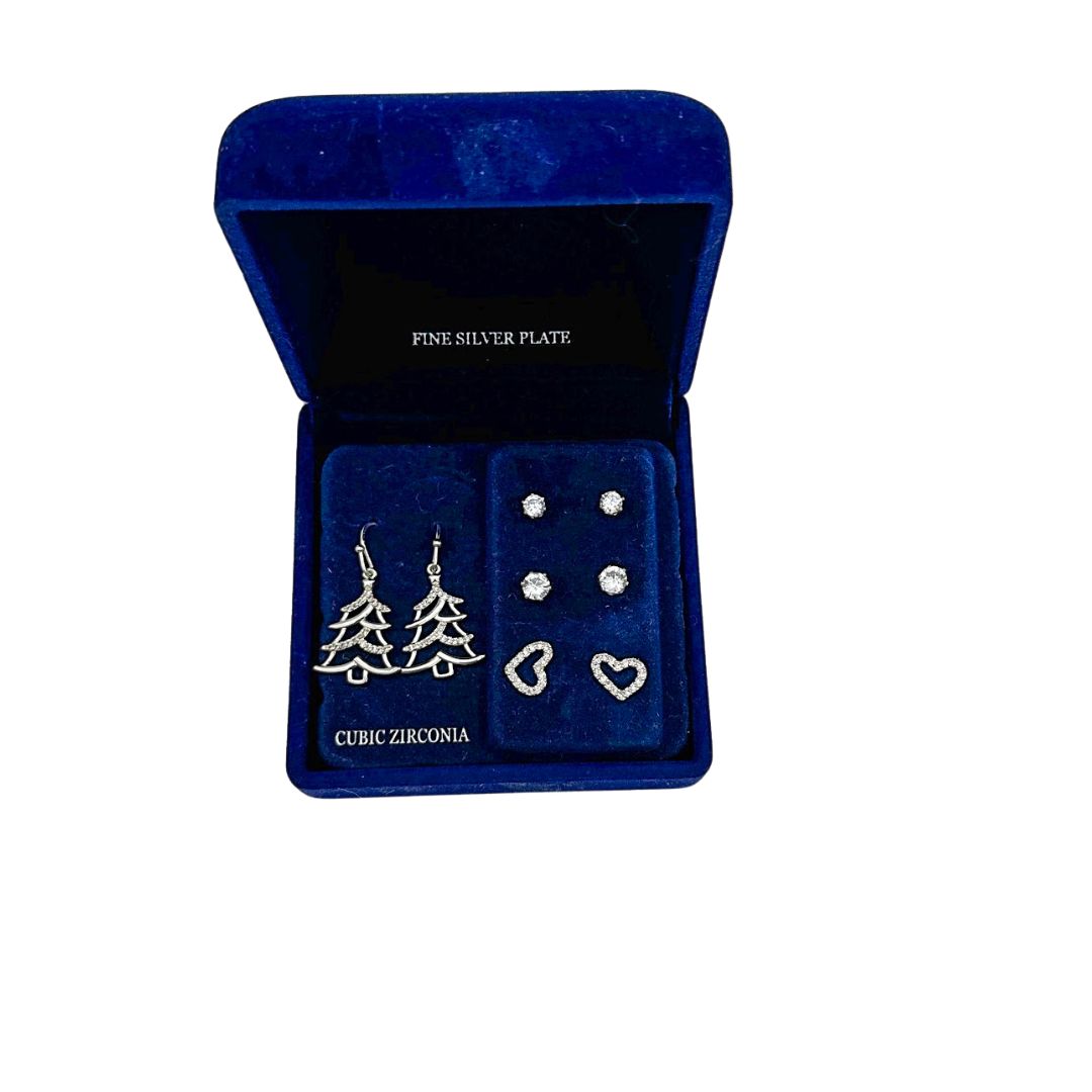 RH Macy Fine Silver Plated Cubic Zirconia Christmas Tree Earring Set