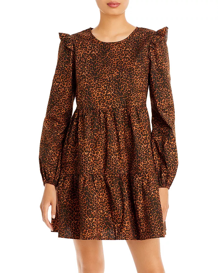 WAYF Womens Velma Animal Print Ruffle Babydoll Dress