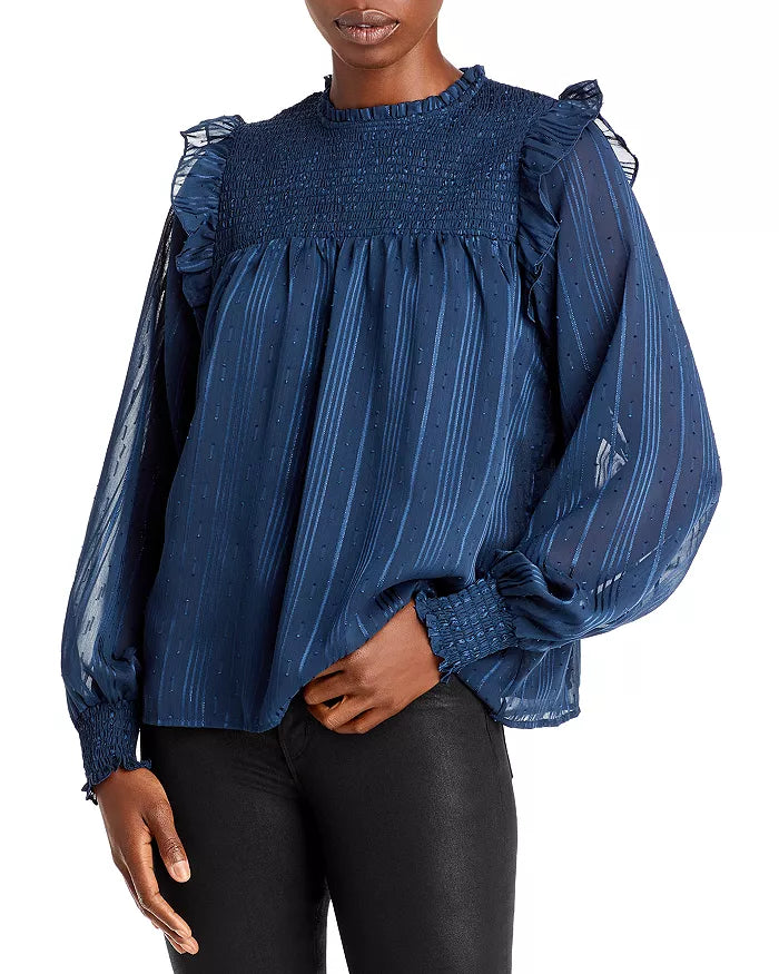 AQUA Smocked Yoke Ruffled Jacquard Top