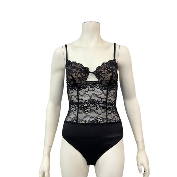 Lulus Certainly Sultry Black Lace Bodysuit, Size Medium