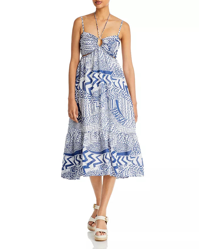 Aqua Printed Cutout Halter MIDI Dress, Size XS