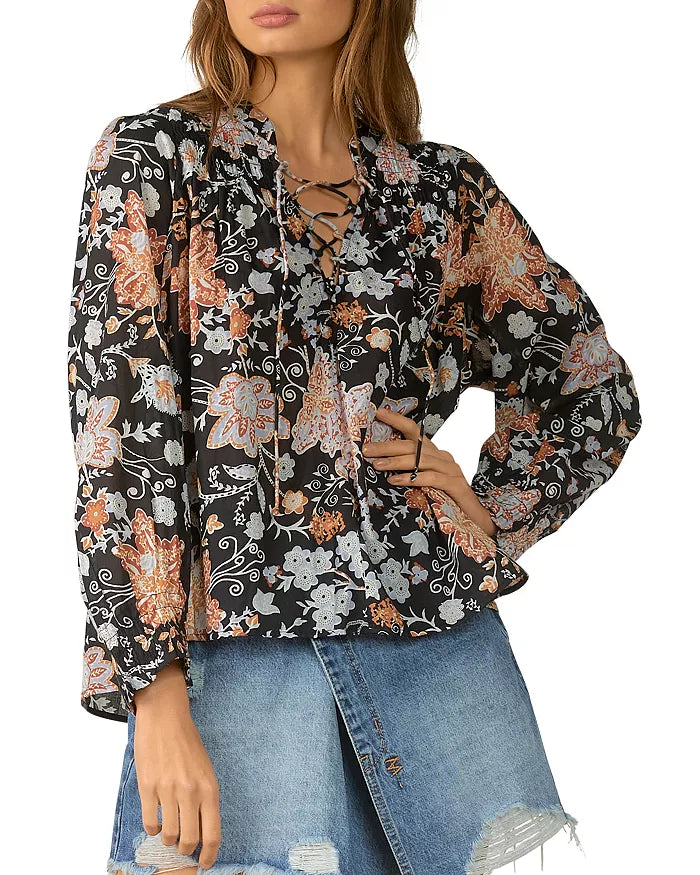 Elan Botanical Print Lace up Top