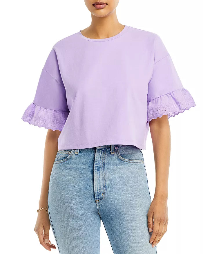 Aqua Eyelet Trim Crop Tee