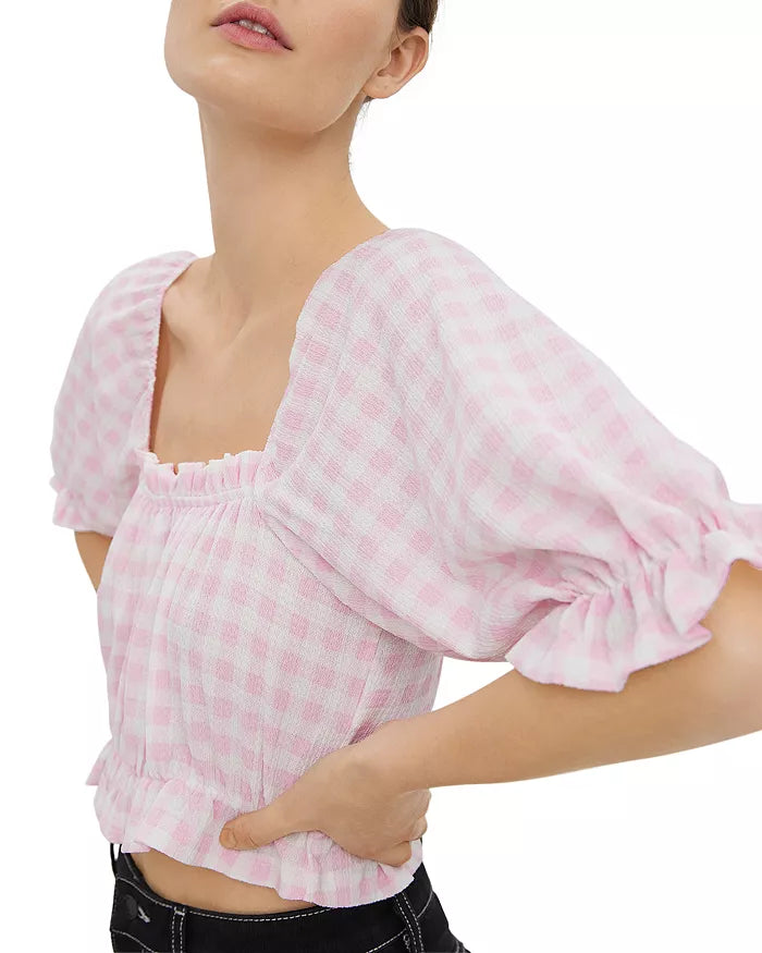 VERO MODA Gingham Crop Top in Snow White Checks Parfait Pink, Size XL