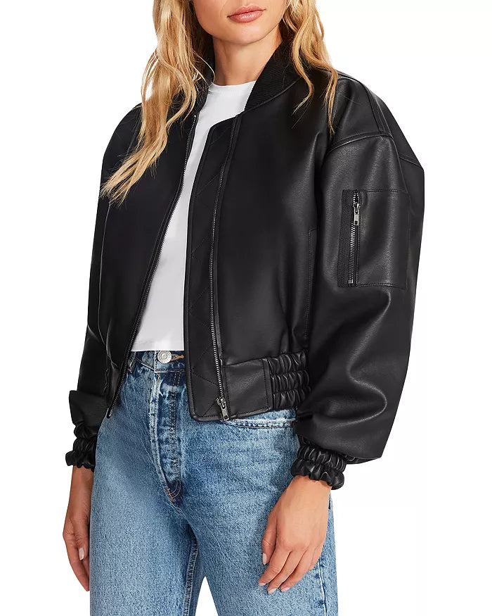 Steve Madden Womens Parker Faux Leather Cropped Bomber Jacket, Small