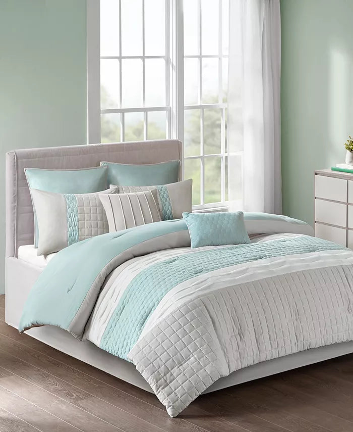 510 Design Josefina Comforter  8 piece Set, Seafoam and Grey - Queen