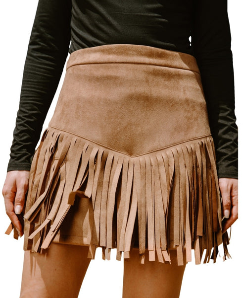 Cupshe Womens Faux Suede Fringe Hem Mini Skirt - Brown, Medium