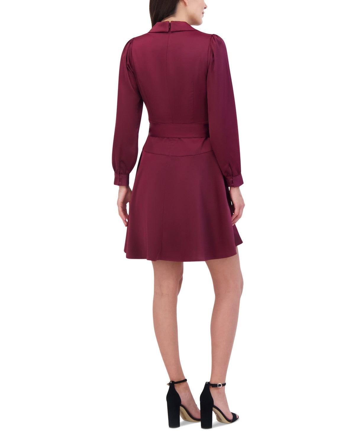 Vince Camuto Womens Satin Shawl-Collar Fit and Flare Dress - Wine