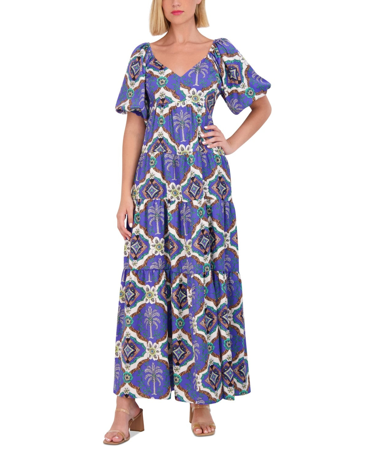 Vince Camuto Womens Print Puff Sleeve Maxi Dress - Porcelain Blue - Size 6