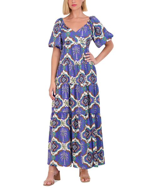Vince Camuto Womens Print Puff Sleeve Maxi Dress - Porcelain Blue - Size 6