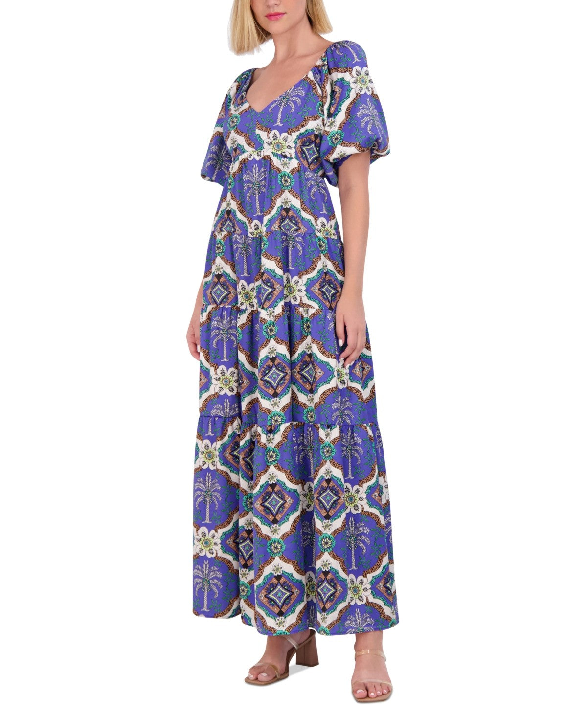 Vince Camuto Womens Print Puff Sleeve Maxi Dress - Porcelain Blue - Size 6