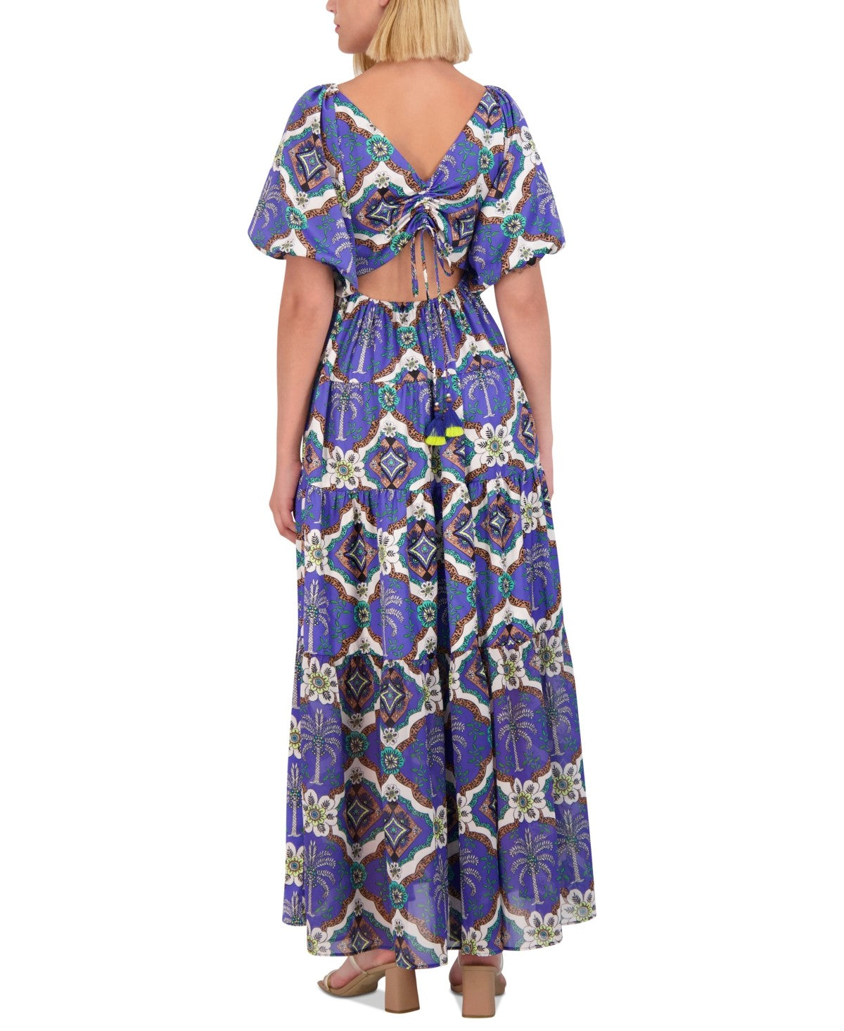 Vince Camuto Womens Print Puff Sleeve Maxi Dress - Porcelain Blue - Size 6