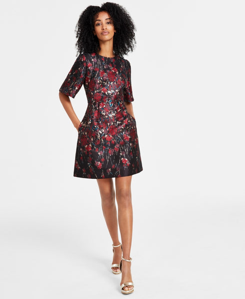 Vince Camuto Womens Floral Jacquard Short-Sleeve Dress