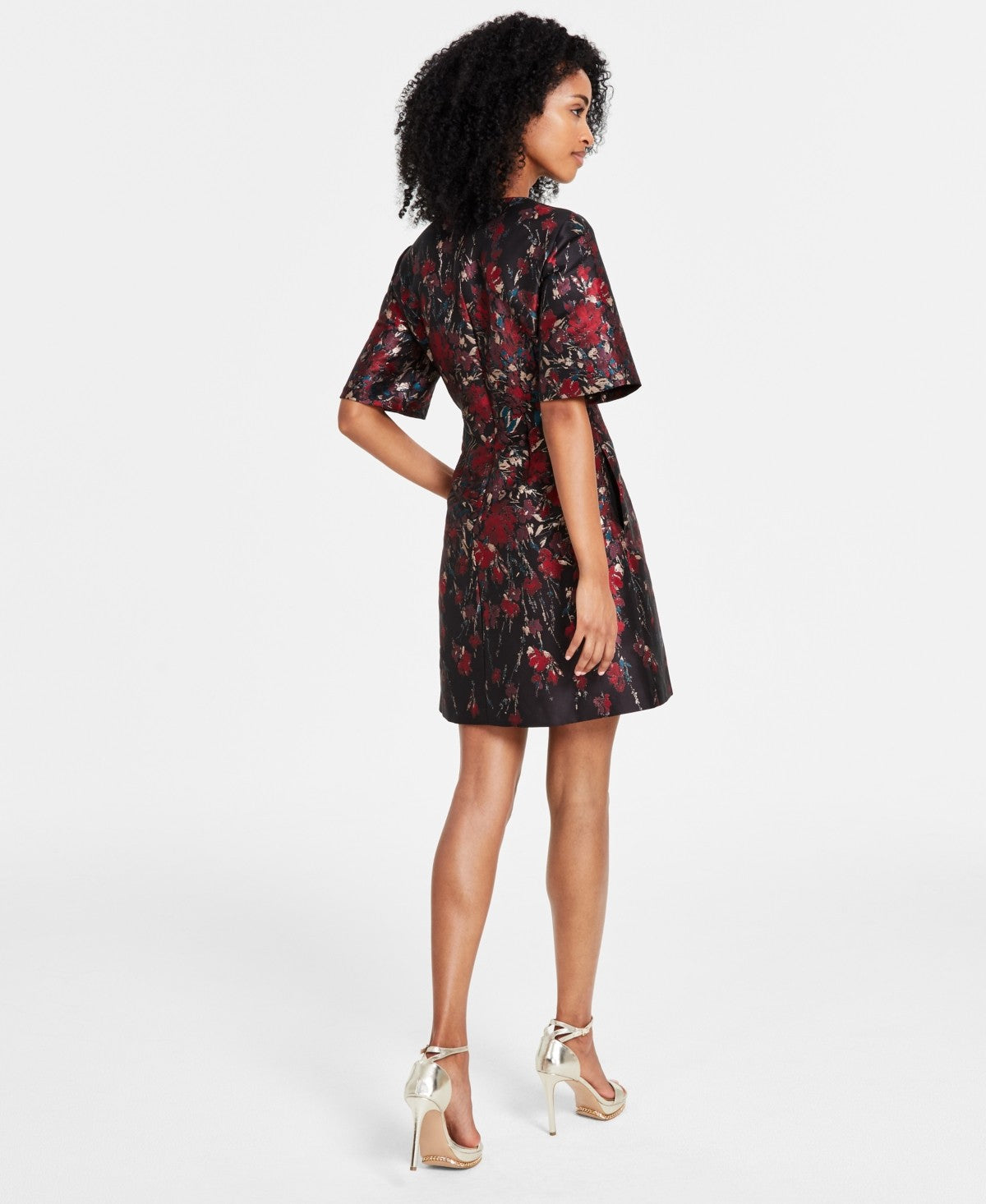 Vince Camuto Womens Floral Jacquard Short-Sleeve Dress