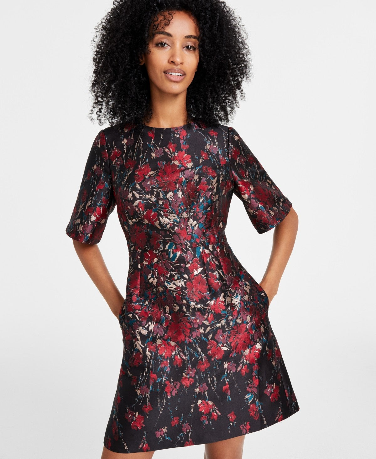 Vince Camuto Womens Floral Jacquard Short-Sleeve Dress