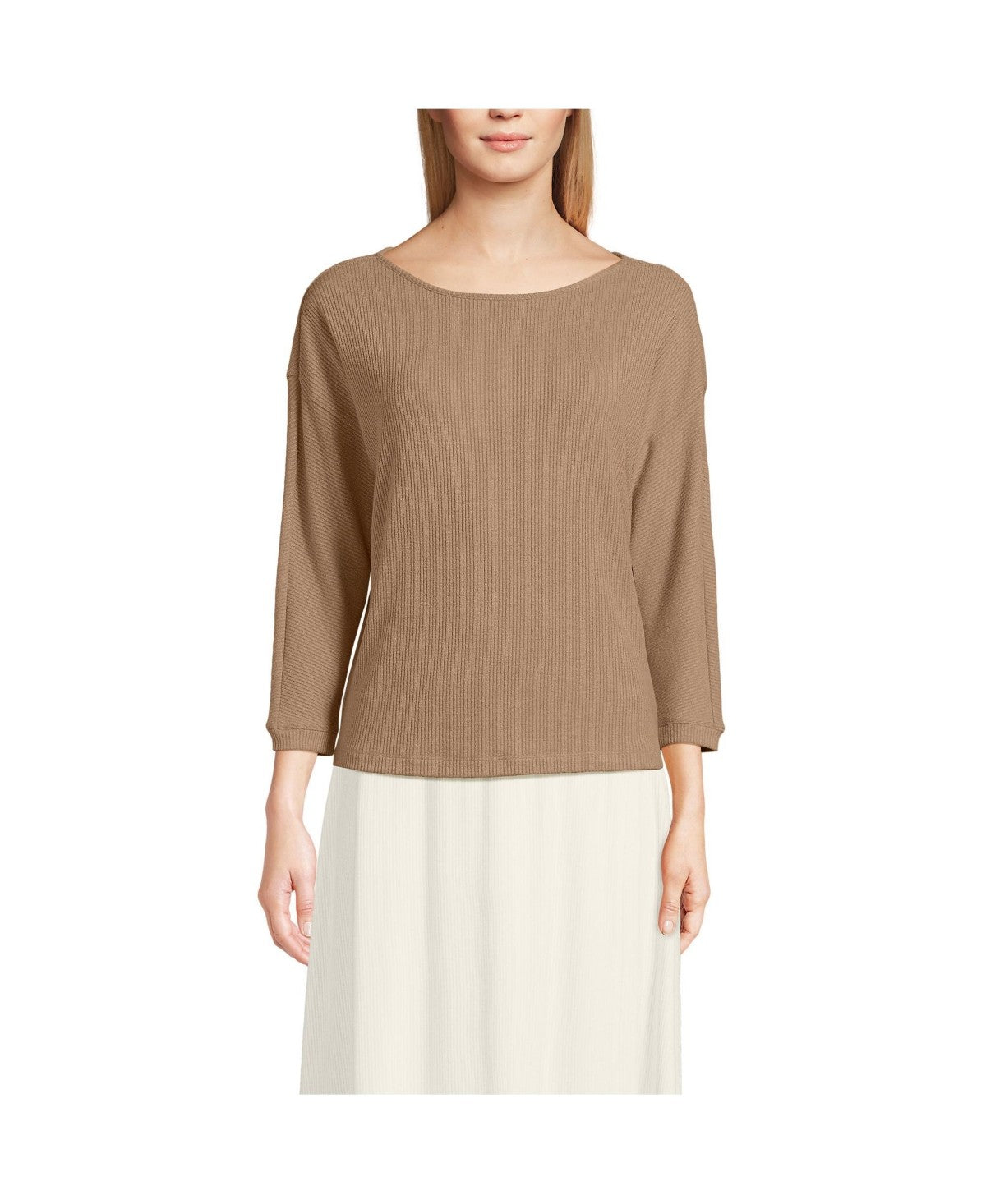 Lands End Womens 3/4 Sleeve Cozy Rib Dolman Top - Large, Coriander Heather
