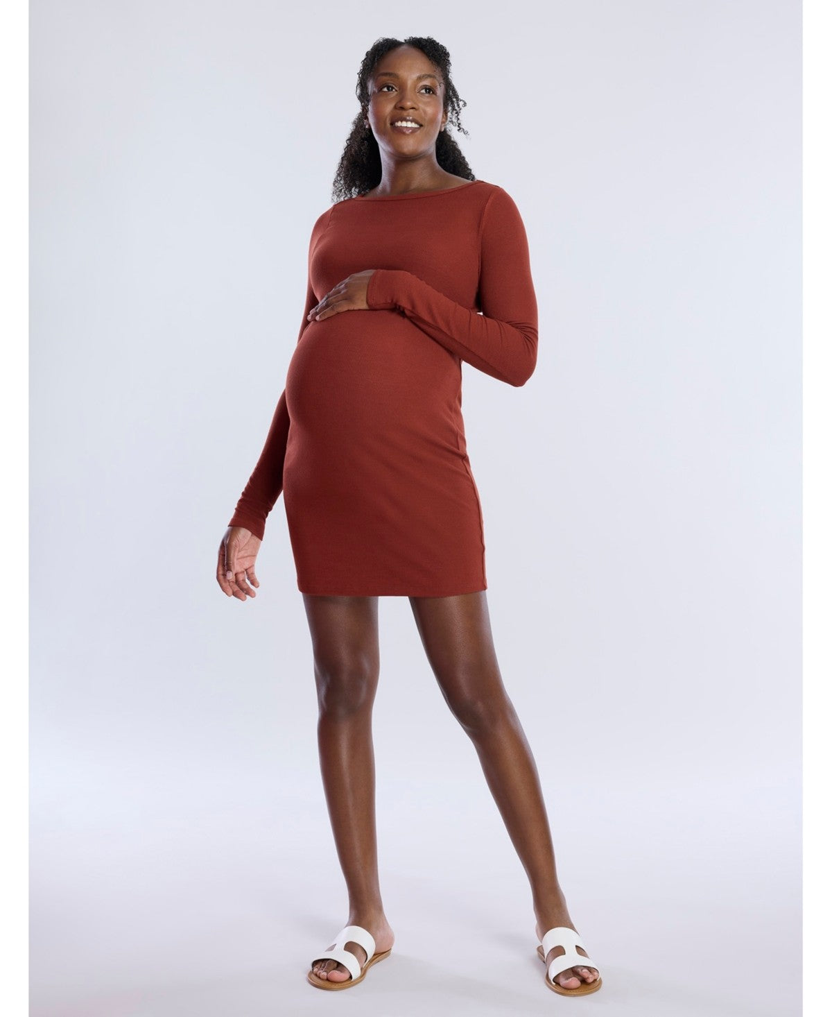 Motherhood Maternity Maternity Crew Neck Rib Knit Long Sleeve Mini Dress , Size Medium