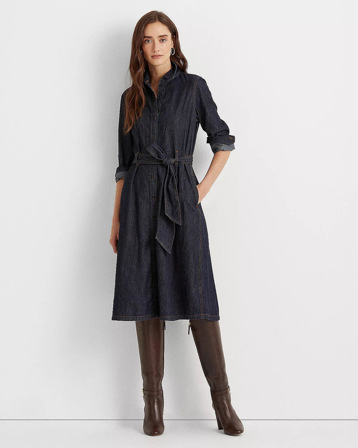 ralph lauren denim wrap dress Denim Long-Sleeve Midi Dress