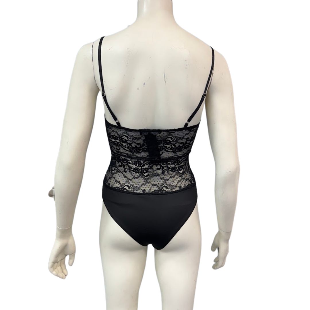 Lulus Certainly Sultry Black Lace Bodysuit, Size Medium