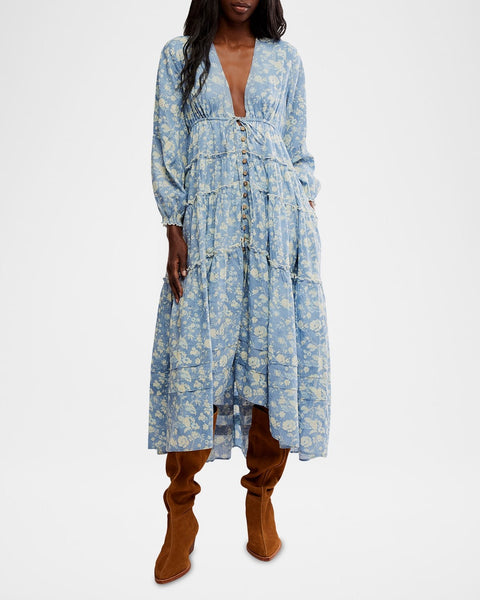 Free People Pappiet MIDI Womens Dress Bluebell Combo, Medium