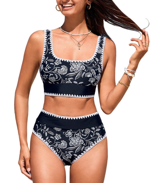 Cupshe Scoop Neck Tank Wide Straps Midkini Swim Top and High-Rise Swim Bottoms