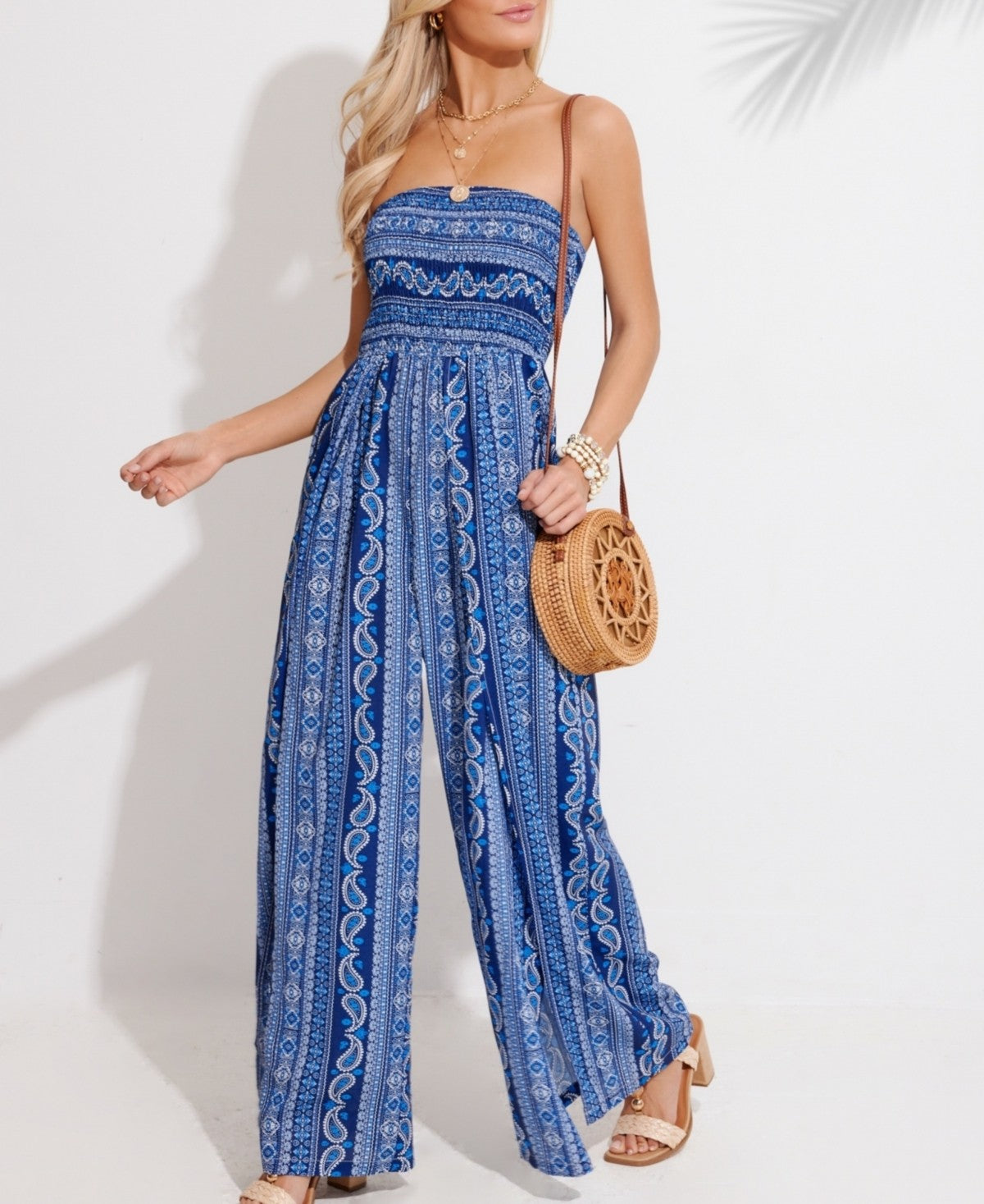 Cupshe Womens Indigo Paisley Strapless Wide Leg Jumpsuit, Large