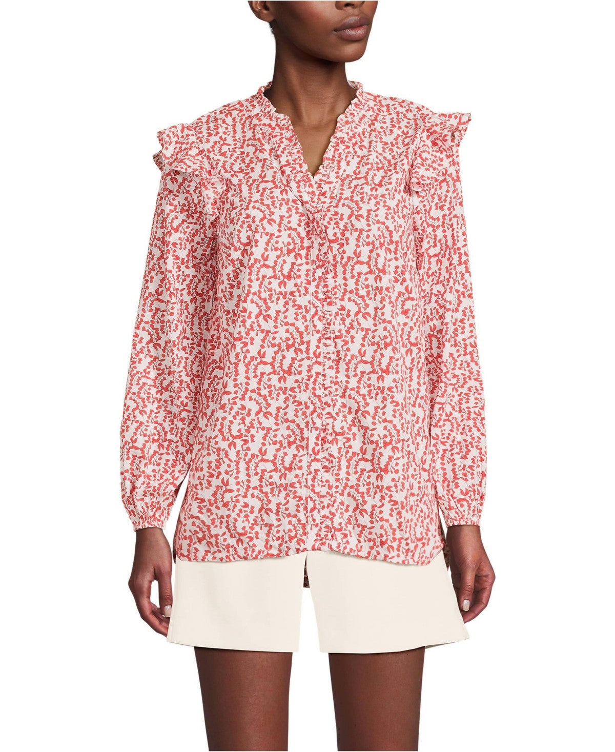 Womens Lands End Cotton Voile Ruffle Shirt,Medium