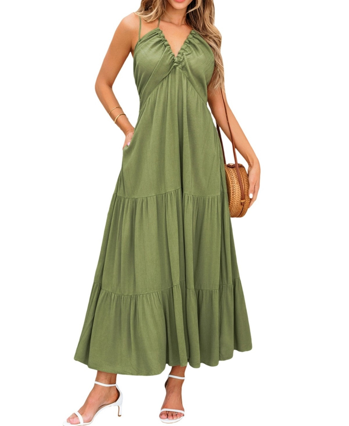 Cupshe Womens Olive Green Notched Neck Halter MIDI Beach Dress - Dark Green, Medium