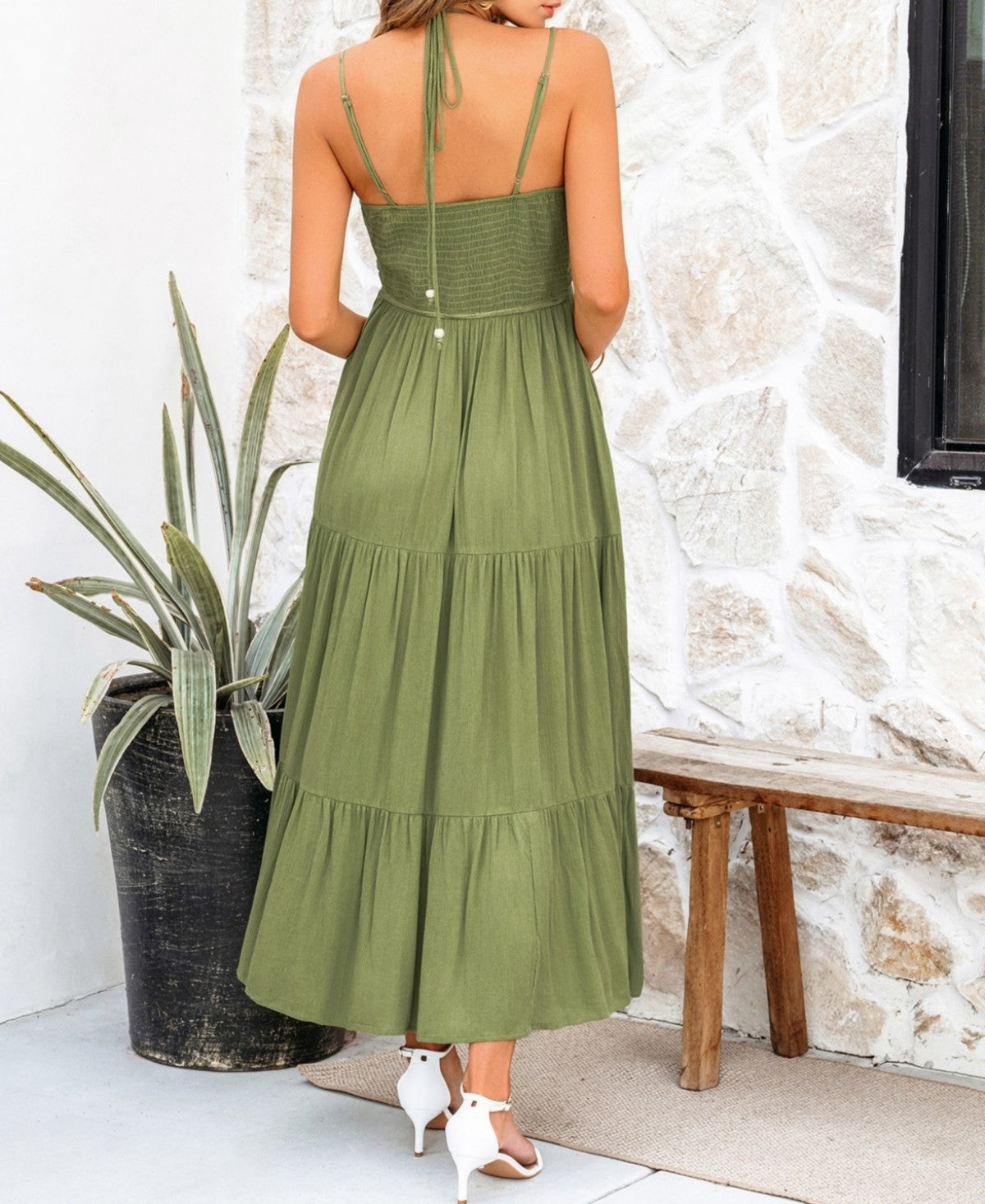 Cupshe Womens Olive Green Notched Neck Halter MIDI Beach Dress - Dark Green, Medium