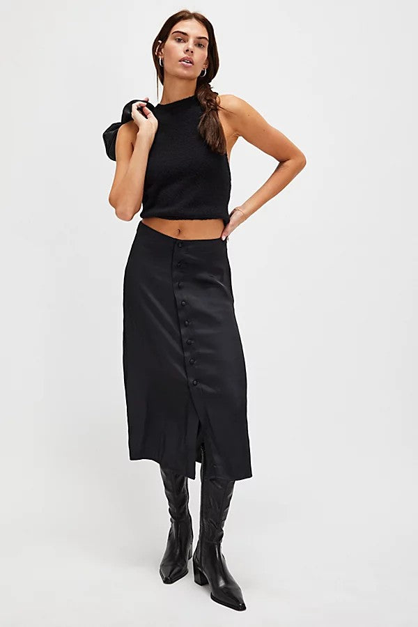 FFREE PEOPLE Analise Button Front Satin Midi Skirt In Black, Size 8