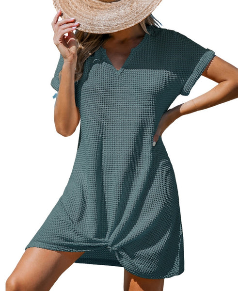 Cupshe Womens Waffle Knit Short Sleeve Hem Twist Mini Cover-up