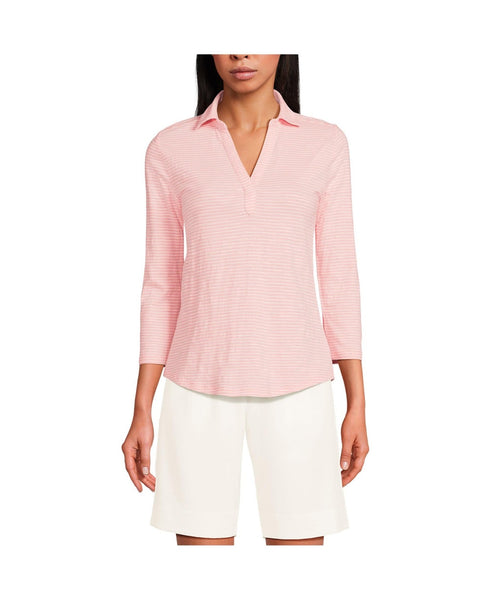 Lands End Womens Slub Polo Top - Sunset Coral/white Stripe