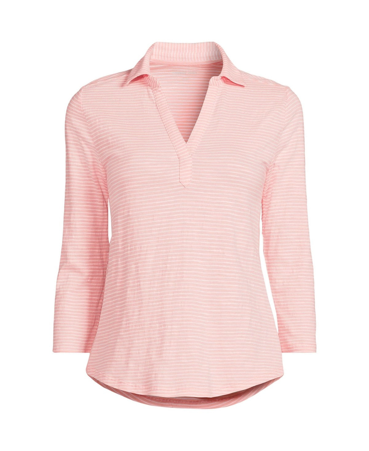 Lands End Womens Slub Polo Top - Sunset Coral/white Stripe, Medium