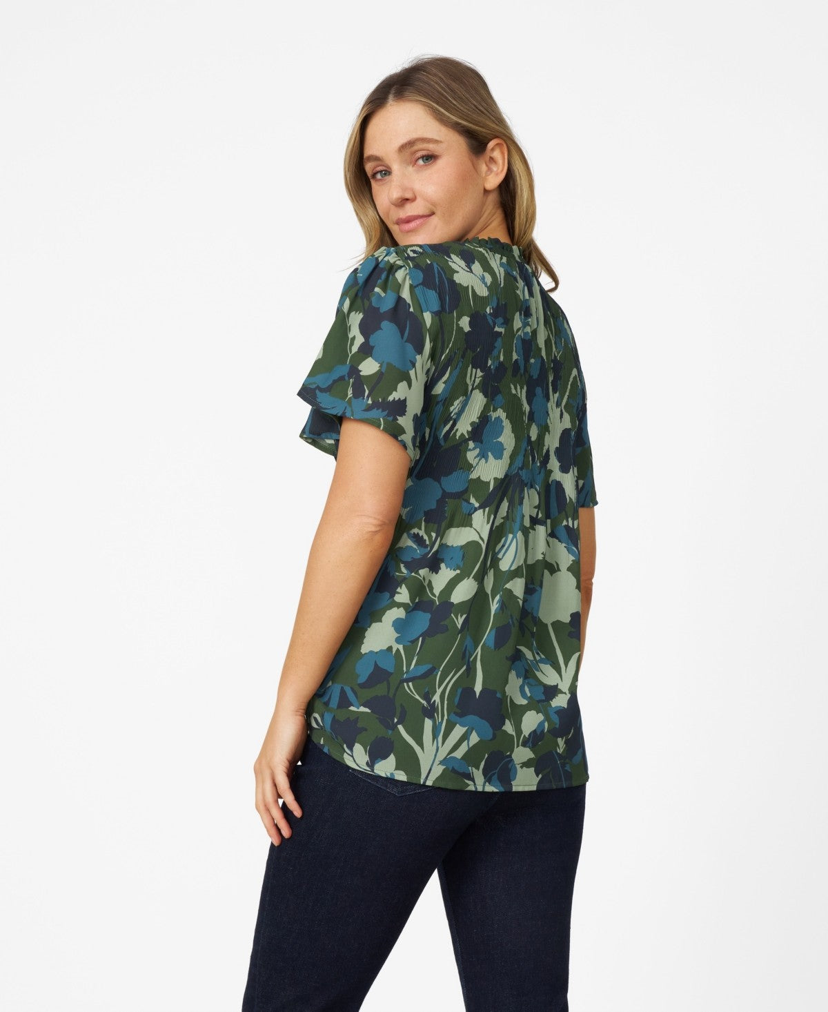 Cable and Gauge Womens Flutter Sleeve Pleated Top - Shadow Flower